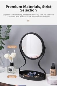 Detail of black iron desktop makeup mirror with built-in oval jewelry storage tray
