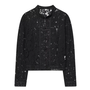 Women's black lace shirt with traditional frog buttons, mandarin collar and long sleeves
