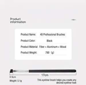 Detail of professional eyeliner brush with dimensions, soft fiber bristles and wood handle