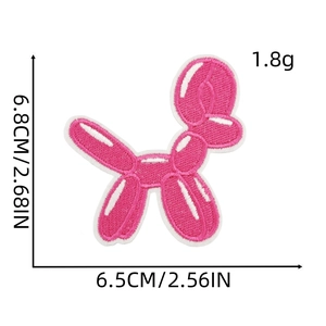 Detail of pink balloon dog embroidery patch showing 6.5x6.8cm size with measurements