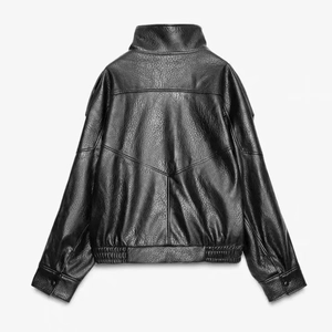 Men's black faux leather jacket back view with textured finish and elasticated hem