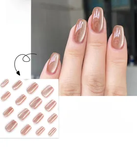 Detailed view of champagne amber cat eye press-on nails with magnetic gradient effect