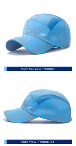 Detail of light blue quick-dry cap with mesh panels and geometric pattern print
