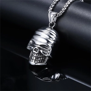 Oversized punk skull mask pendant necklace with silver metal finish and square box chain