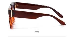 Side view of brown translucent square frame glasses showing temple detail and hinges