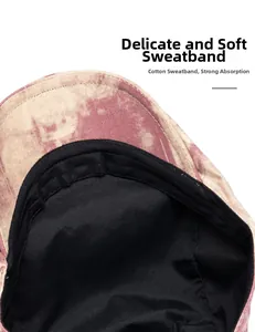 Detail view of cotton sweatband on vintage tie-dye flat cap with soft inner lining