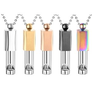 Mindfulness whistle pendants in five metallic finishes with bead chains for yoga