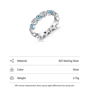 925 sterling zilveren ring met blauw emaille boze oog en hartvormige zirkoonstenen
