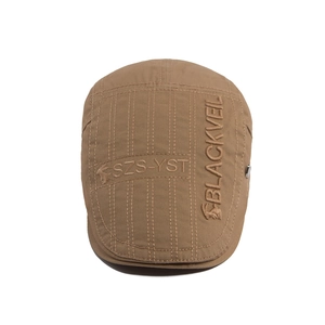 Khaki 3D embroidered cotton flat cap with rabbit logo and vertical stitching detail