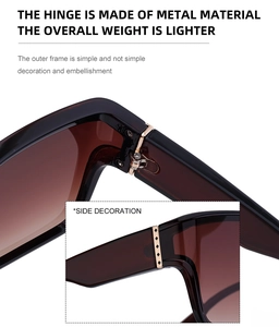 Detailed close-up of premium metal hinge and side decoration on square sunglasses
