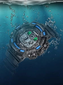 Dynamic splash view of waterproof sports digital watch with blue trim and luminous display