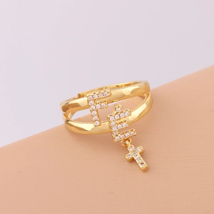 Double-layered gold ring with zircon-encrusted letter F and cross charms for women