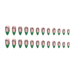 24-piece almond-shaped press-on nails featuring French green tips and black vine patterns
