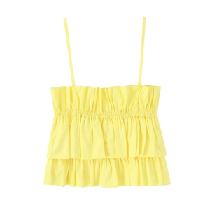 Leuchtend gelbes Popeline-Camisole-Top mit gestuften Volants und Spaghetti-Trägern