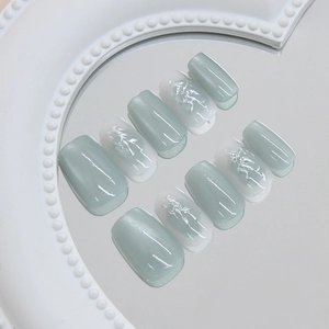 Handmade Turquoise Moonlight Cat Eye Press On Nails With 3D Silver Bamboo Leaf Design Short Square Round False Nails Women