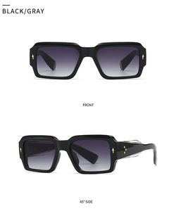 Detailed front and side view of black square sunglasses with gold metal star rivets