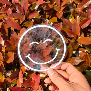 Detail of round rainbow prism window cling featuring a white smiley face design