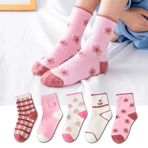 Set of five mid-calf cotton socks for toddlers featuring pink floral and cat patterns