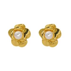 Elegant gold flower pearl earrings with five petal design on a clean white background