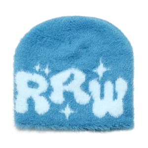 Detail of plush bright blue beanie featuring white RRW letter embroidery and star patterns