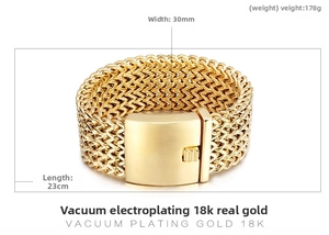 30mm wide 18K gold plated stainless steel mesh bracelet with 178g weight and 23cm length