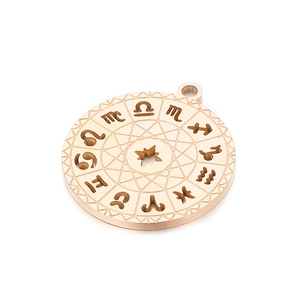 Detail of rose gold zodiac pendant with hollow star and engraved astrological symbols