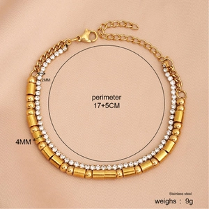 Detail view of double-layer gold stainless steel bracelet with sizing and material specs