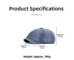 Detailed size chart of washed blue denim octagonal newsboy hat with precise measurements