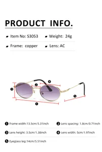 Detailed measurement guide for oval metal sunglasses showing frame and lens dimensions