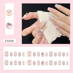 Pink and white plaid press-on nails with 3D bows, pearls and crystals, 24pcs kit