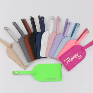 Multi-color PU leather luggage tags set in a fan-shaped layout for travel identification