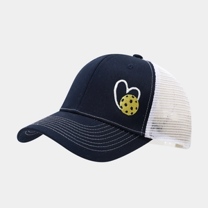 Detail of navy blue pickleball heart embroidery on breathable mesh trucker cap