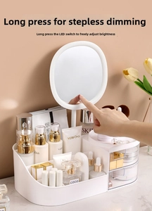Detail eines LED-Kosmetikspiegels mit Touch-Steuerung auf weißer Make-up-Box