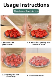 Step-by-step guide showing disposable elastic food covers stretching over a bowl of fruit