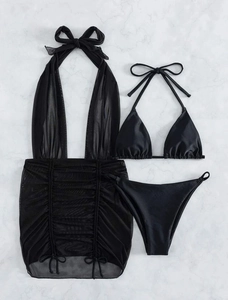 Flat lay of a three-piece black mesh bikini set with drawstring cover-up and side-tie bottoms