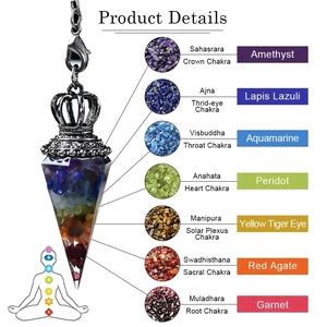 Macro detail of Seven Chakra resin pendulum with layered natural crystals and metal crown