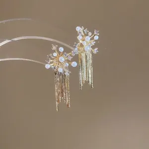 Elegant gold zircon flower stud earrings with pearl tassels and long hanging fringe
