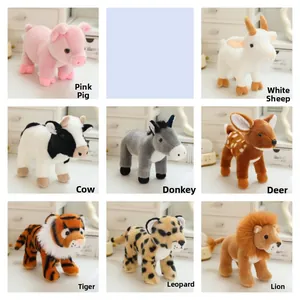 Detailed collection of eight realistic plush animals including lions tigers and deers