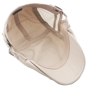 Detail view of cotton mesh flat cap interior lining with adjustable metal side buckle