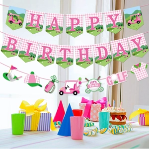 Pink and green golf birthday banner with golf cart and club flags hanging for party decor