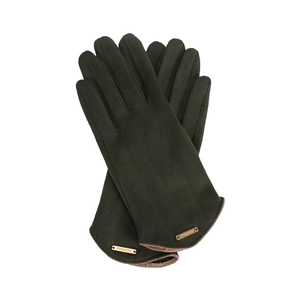 Warme dunkelgrüne Wildlederimitat-Handschuhe für Damen mit modischem Metallbeschlag