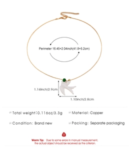 Diagramme technique du collier pendentif oiseau avec dimensions et spécifications