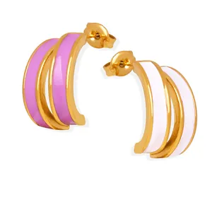 Titanium Steel C Shape Earrings With Enamel Oil Drip Multi-Layer Parallel Arc Elegant Minimalist Modern Jewelry For Women