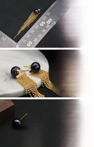 Detailed view of black freshwater pearl earrings with 70mm gold tassels and 18K plating