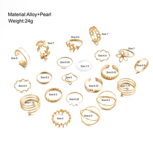 Detailed size chart for 21-piece alloy and pearl butterfly ring set with gold finish