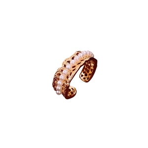 18K gold plated hollow lace open ring with small white pearls in French luxury style