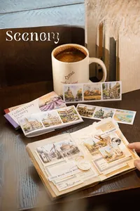 Macro detail of vintage scenery sticker book with European architectural oil painting designs
