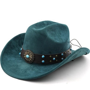 Chapeau De Cowboy Western Vintage En Daim Synthétique À Bord Large Avec Ceinture En Cuir Turquoise Concho Boho Unisex