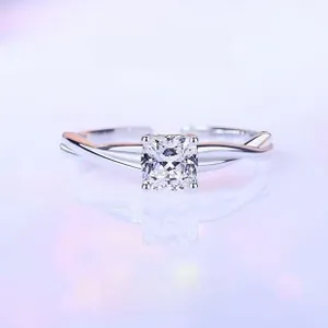 Macro shot of S925 sterling silver ring with square-cut zircon and twisted band