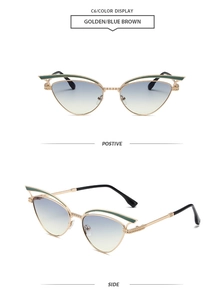 Detaillierte Front- und Seitenansicht der goldenen Cat-Eye-Sonnenbrille mit Verlaufsgläsern